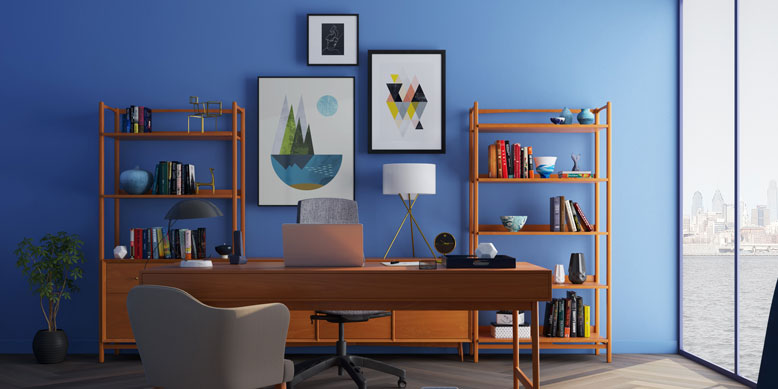 organized blue office room